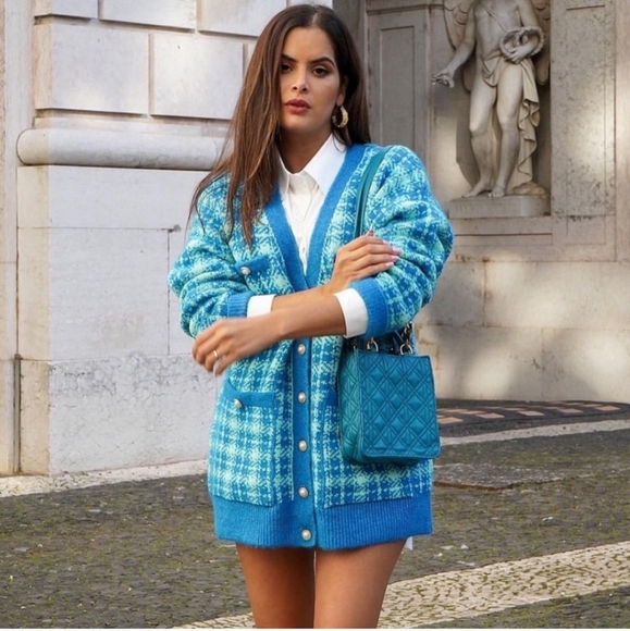 Zara Sweaters - Zara * Plaid Knit Long Cardigan Jacket Blue